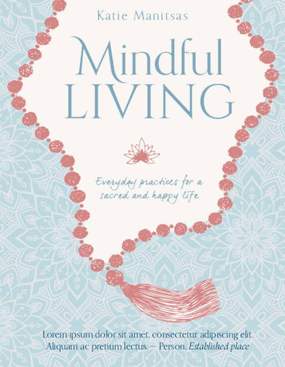 Book cover of 'Mindful Living' by Kate Manitsas with a decorative design on a light blue background