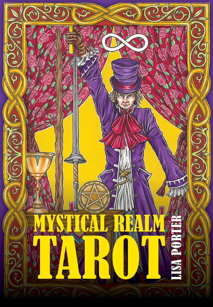 Book cover of 'Mystical Realm Tarot' with a tarot card design featuring a person in a purple outfit and top hat.