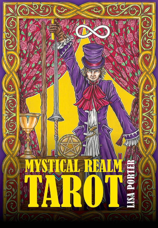 Book cover of 'Mystical Realm Tarot' with a tarot card design featuring a person in a purple outfit and top hat.