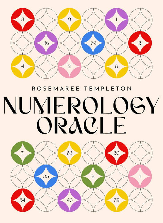 Book cover of 'Numerology Oracle' by Rosemaree Templeton with colorful numerical symbols.