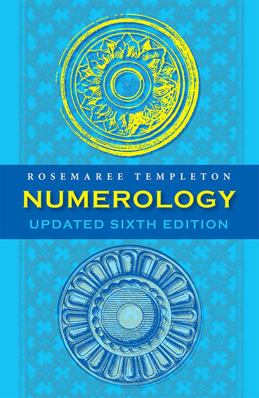 Book cover of 'Numerology' by Rosemaree Templeton with decorative elements on a blue background