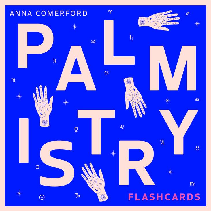Book cover of 'Palmistry Flashcards' by Anna Comerford with palmistry illustrations on a blue background.