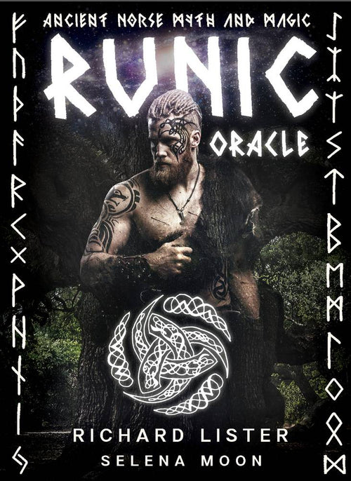 Book cover of 'Runic Oracle' with a man with tattoos and runes on a dark background
