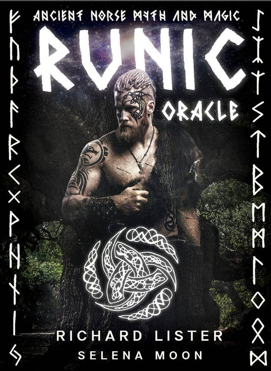 Book cover of 'Runic Oracle' with a man with tattoos and runes on a dark background