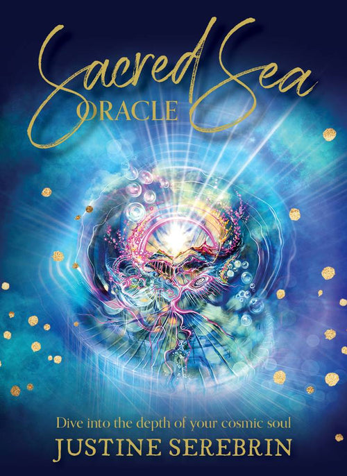 Book cover of 'Sacred Sea Oracle' by Justine Serebrin with a cosmic design and Justine Serebrin's name.