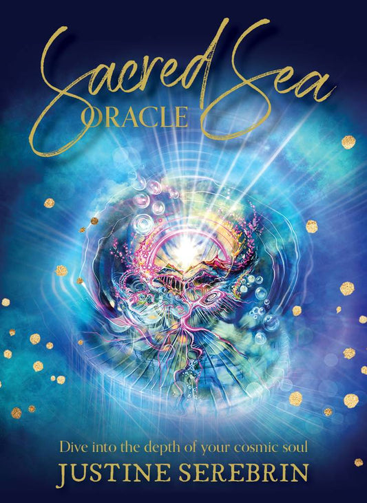 Book cover of 'Sacred Sea Oracle' by Justine Serebrin with a cosmic design and Justine Serebrin's name.
