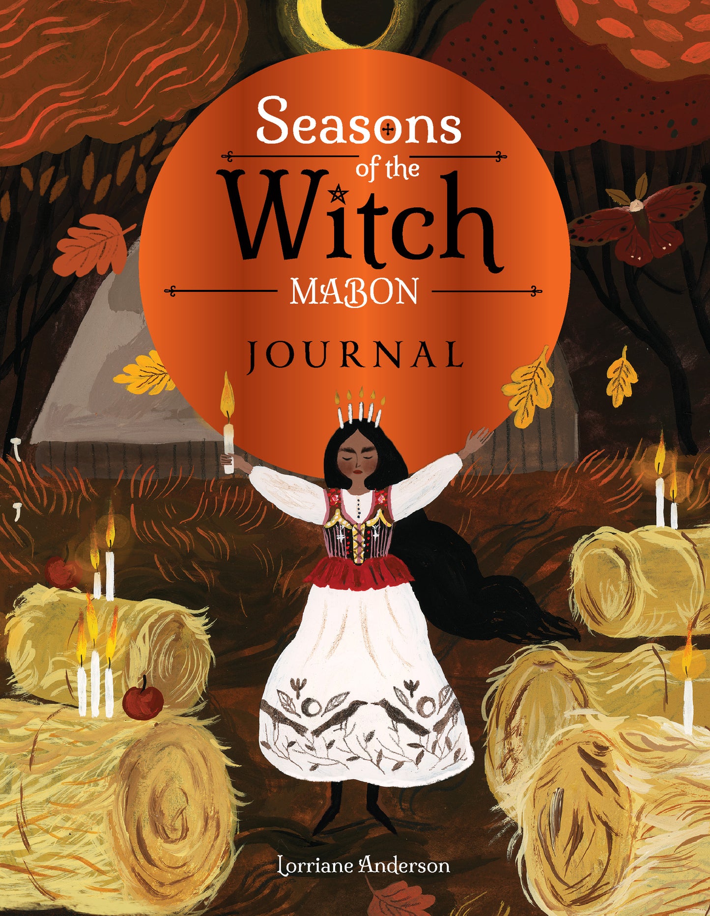 Book cover of 'Seasons of the Witch: Mabon Journal' with an illustration of a woman in a traditional outfit surrounded by hay bales and candles.