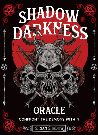 Book cover of 'Shadow of Darkness Oracle' with skull and demon design on a red and black background.
