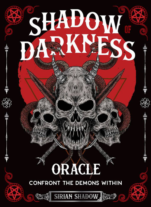 Book cover of 'Shadow of Darkness Oracle' with skull and demon design on a red and black background.