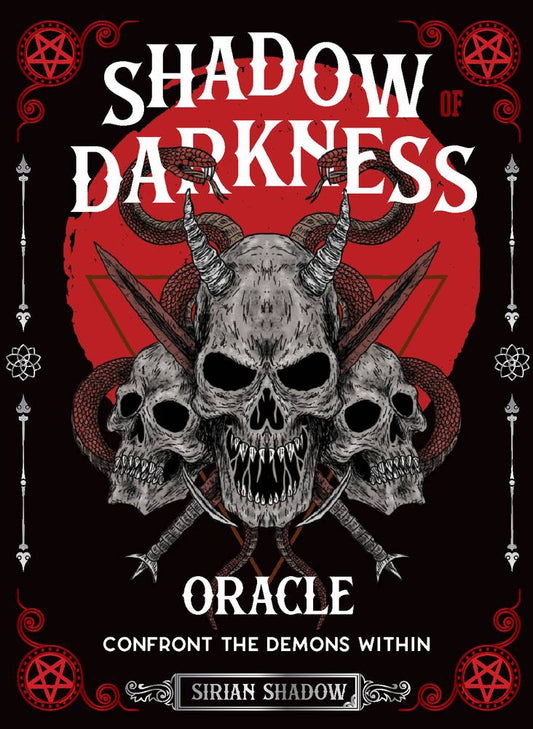 Book cover of 'Shadow of Darkness Oracle' with skull and demon design on a red and black background.