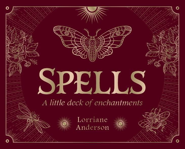 Book cover of 'Spells' by Lorriane Anderson with butterfly illustrations on a dark red background