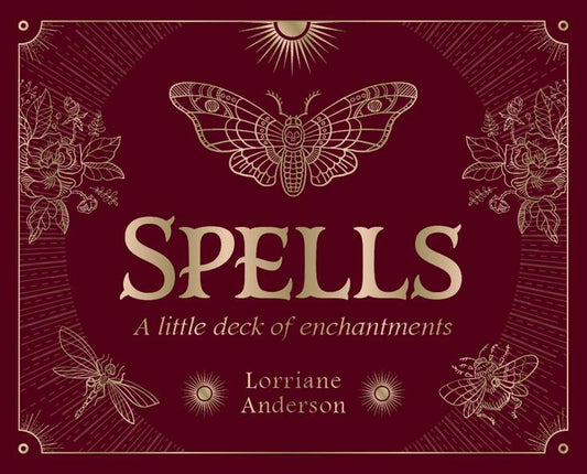 Book cover of 'Spells' by Lorriane Anderson with butterfly illustrations on a dark red background