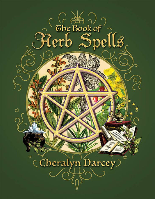 Book cover of 'The Book of Herb Spells' by Cheralyn Darcey with a pentacle design on a green background.