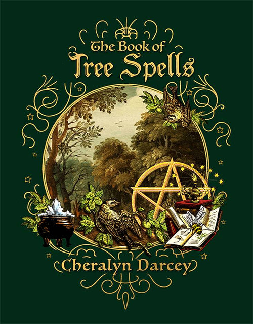 Book cover of 'The Book of Tree Spells' by Cheralyn Darcy with a forest scene and pentacle symbol.