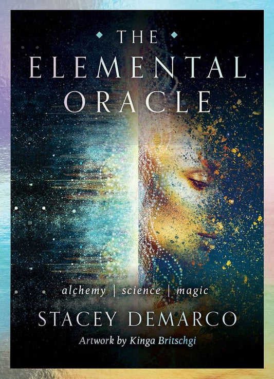 Book cover of 'The Elemental Oracle' by Stacey DeMarco with artistic depiction of a face and celestial elements.