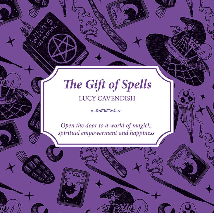 Book cover of 'The Gift of Spells' by Lucy Cavendish with magickal symbols on a purple background.
