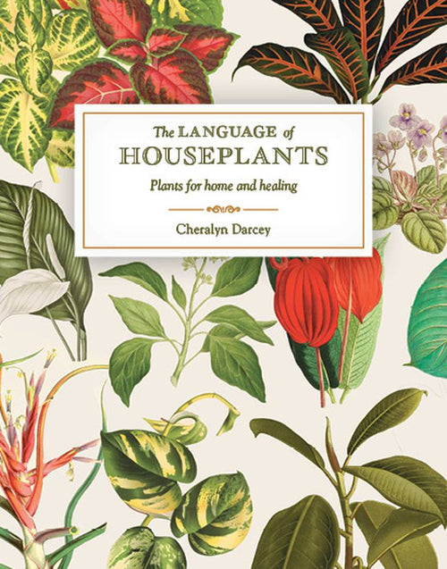 Book cover of 'The Language of Houseplants' with illustrations of houseplants on a white background.