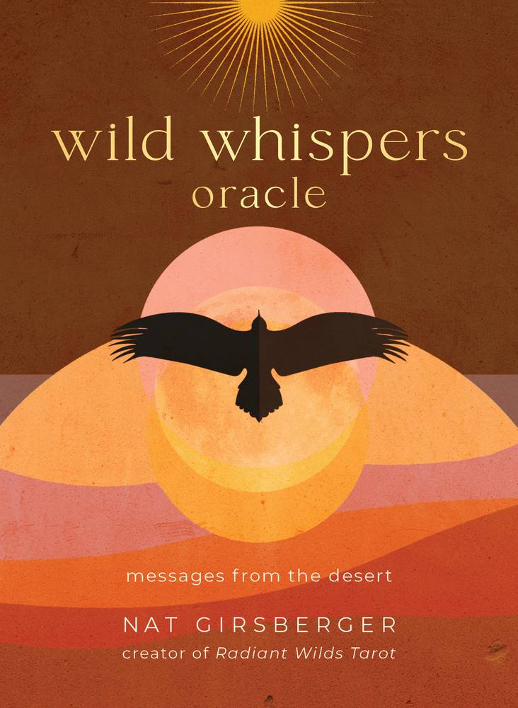 Book cover of 'Wild Whispers Oracle' with a silhouette of a bird and desert landscape.
