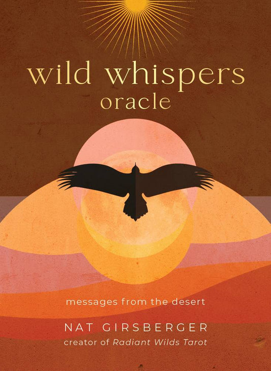 Book cover of 'Wild Whispers Oracle' with a silhouette of a bird and desert landscape.