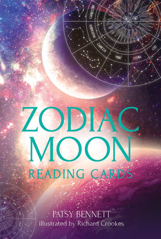 Book cover of 'Zodiac Moon Reading Cards' with celestial design and text.