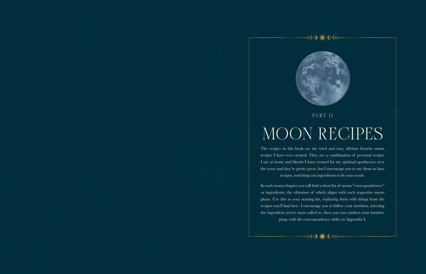 Book cover titled 'Moon Recipes' with a moon graphic on a dark blue background