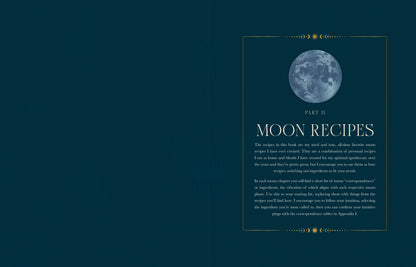 Book cover titled 'Moon Recipes' with a moon graphic on a dark blue background