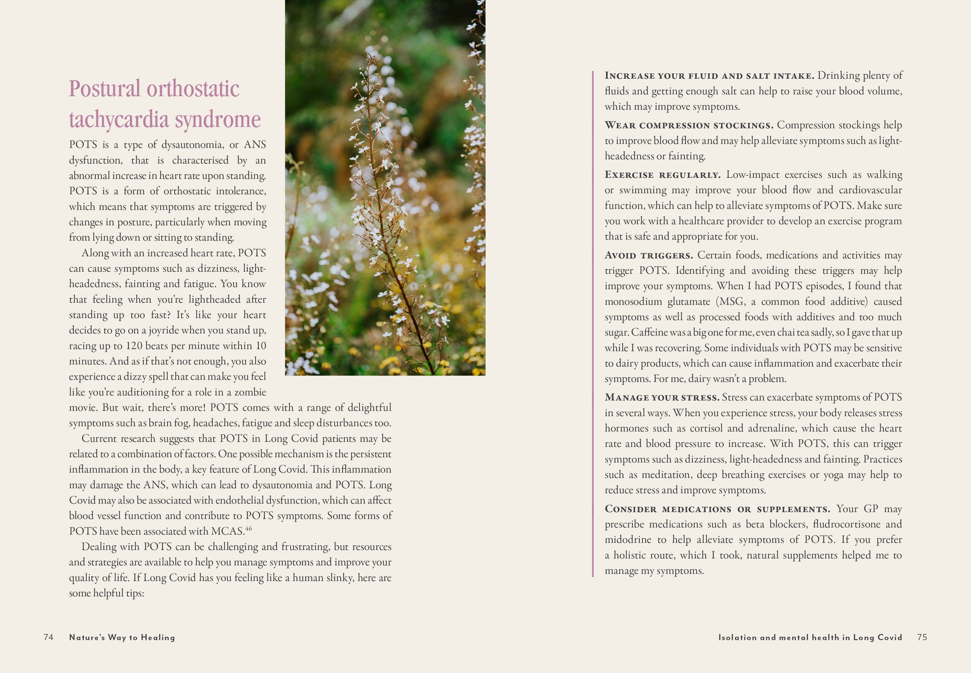 Book page with text on postural orthostatic tachycardia syndrome and a blurred natural background.