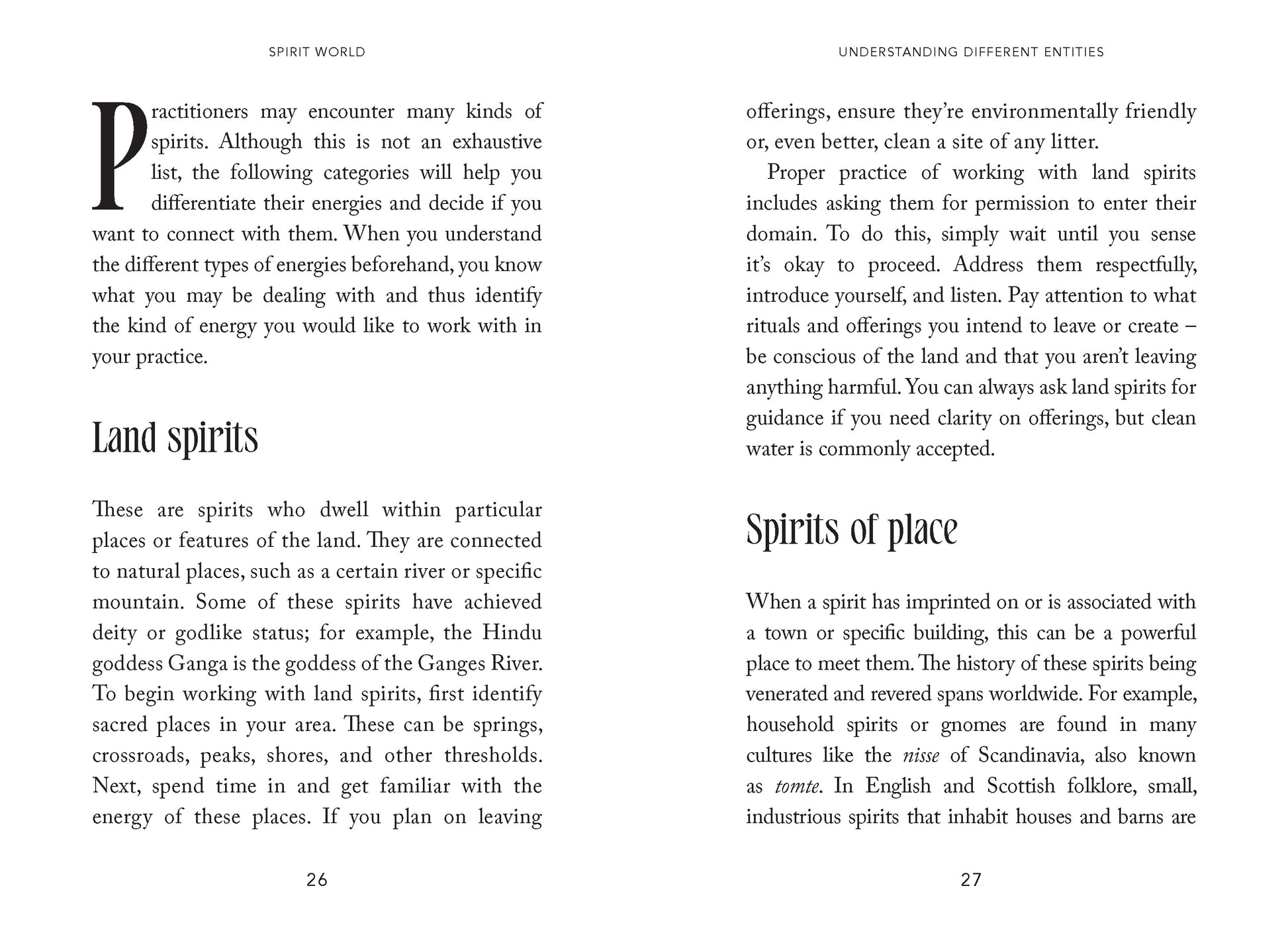 Book pages with text on land spirits and spirits of place, featuring a white background.