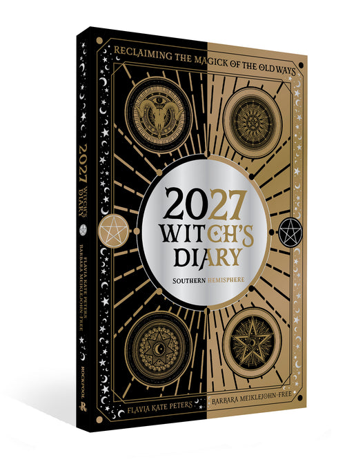 Book titled '2027 Witch's Diary' with black and gold design on a white background