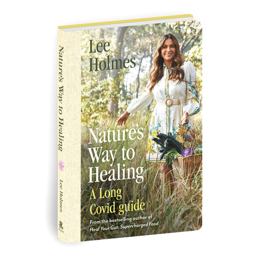 Book titled 'Natures Way to Healing: A Long Covid guide' by Lee Holmes with a woman in a forest on the cover.