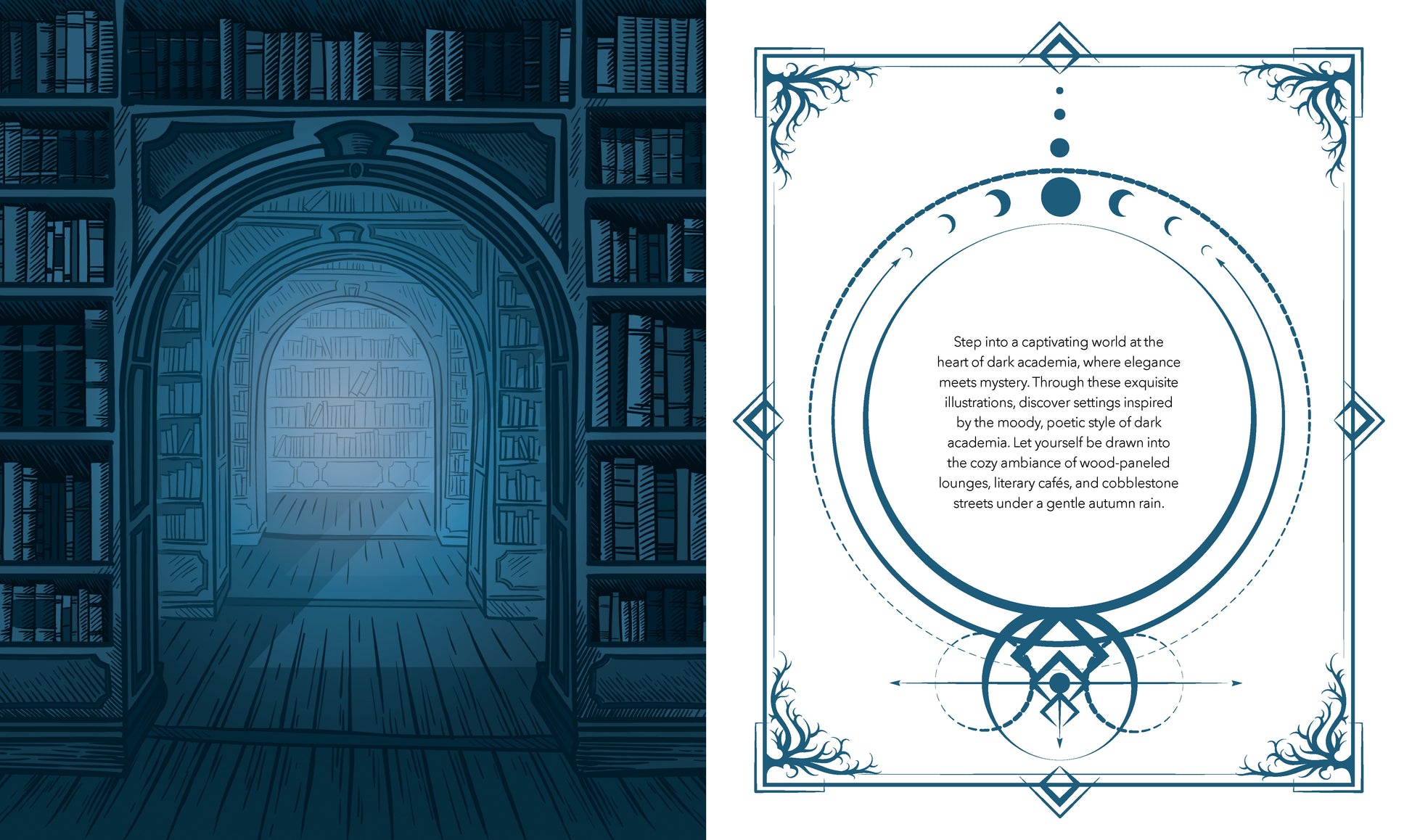Bookshelf in a dimly lit room with a decorative text frame on the right.