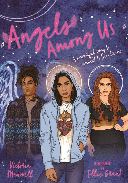 Book cover of 'Angels Among Us' with three illustrated characters against a starry night sky.