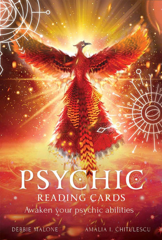 Box cover of 'Psychic Reading Cards' Awaken your psychic abilities with a phoenix and astrological symbols.