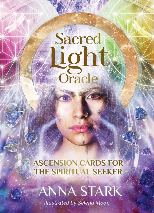 Box cover of 'Sacred Light Oracle' by Anna Stark with a woman's face and crystals on a colorful background
