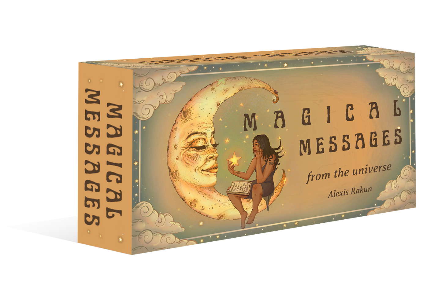 Box of 'Magical Messages from the Universe' with a woman holding a candle and a crescent moon design.