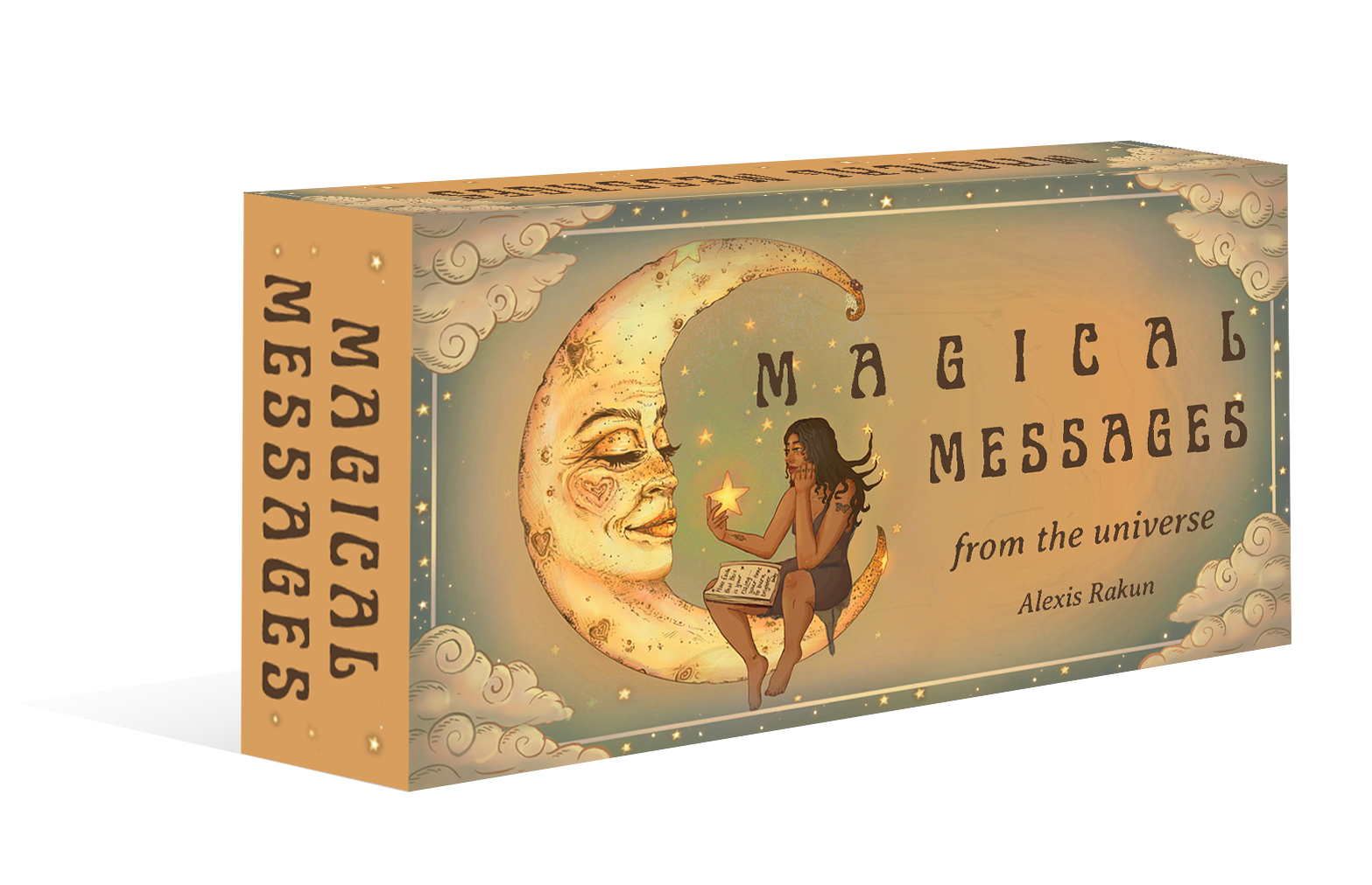 Box of 'Magical Messages from the Universe' with a woman holding a candle and a crescent moon design.