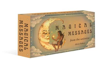 Box of 'Magical Messages from the Universe' with a woman holding a candle and a crescent moon design.
