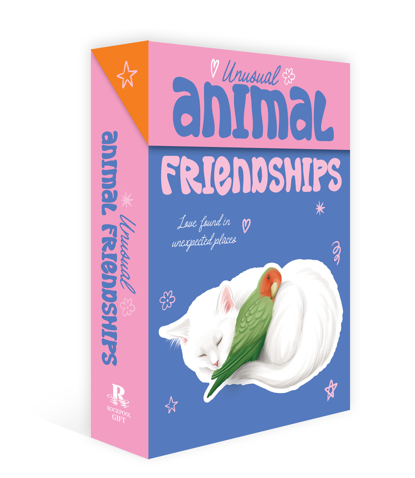 Box of 'Unusual Animal Friendships' with a cat and parrot illustration on a pink and blue background