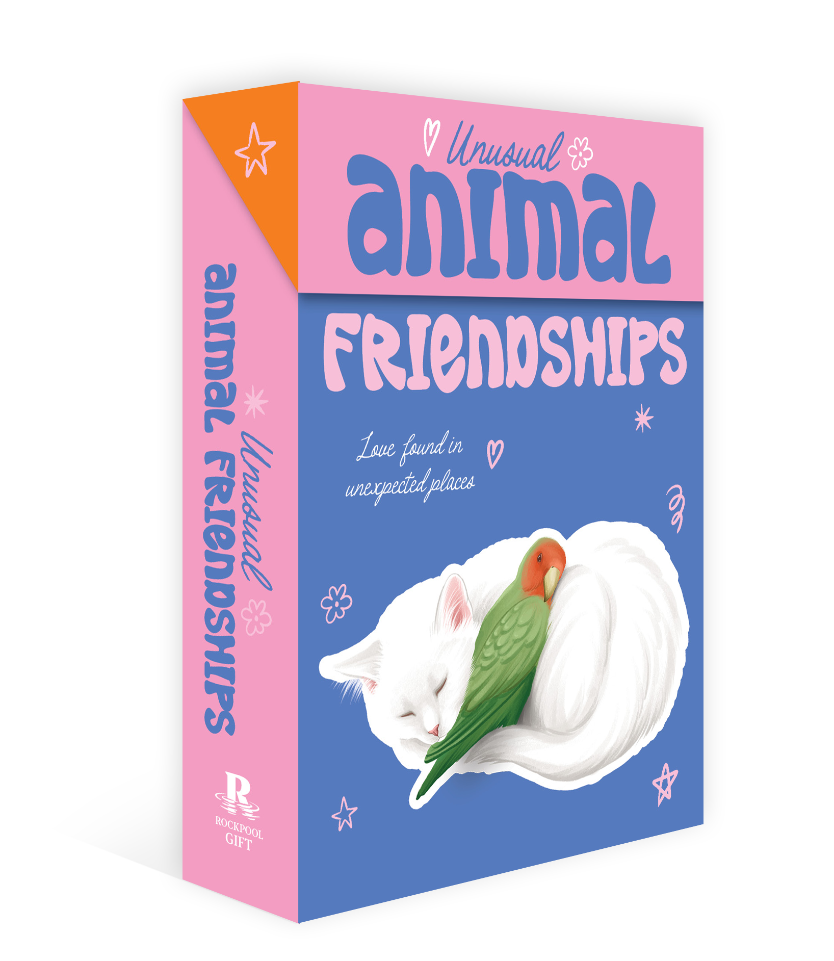 Box of 'Unusual Animal Friendships' with a cat and parrot illustration on a pink and blue background