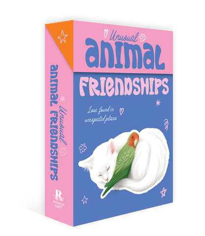 Box of 'Unusual Animal Friendships' with a cat and parrot illustration on a pink and blue background