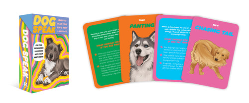 Set of colorful cards with dog illustrations and text on a white background