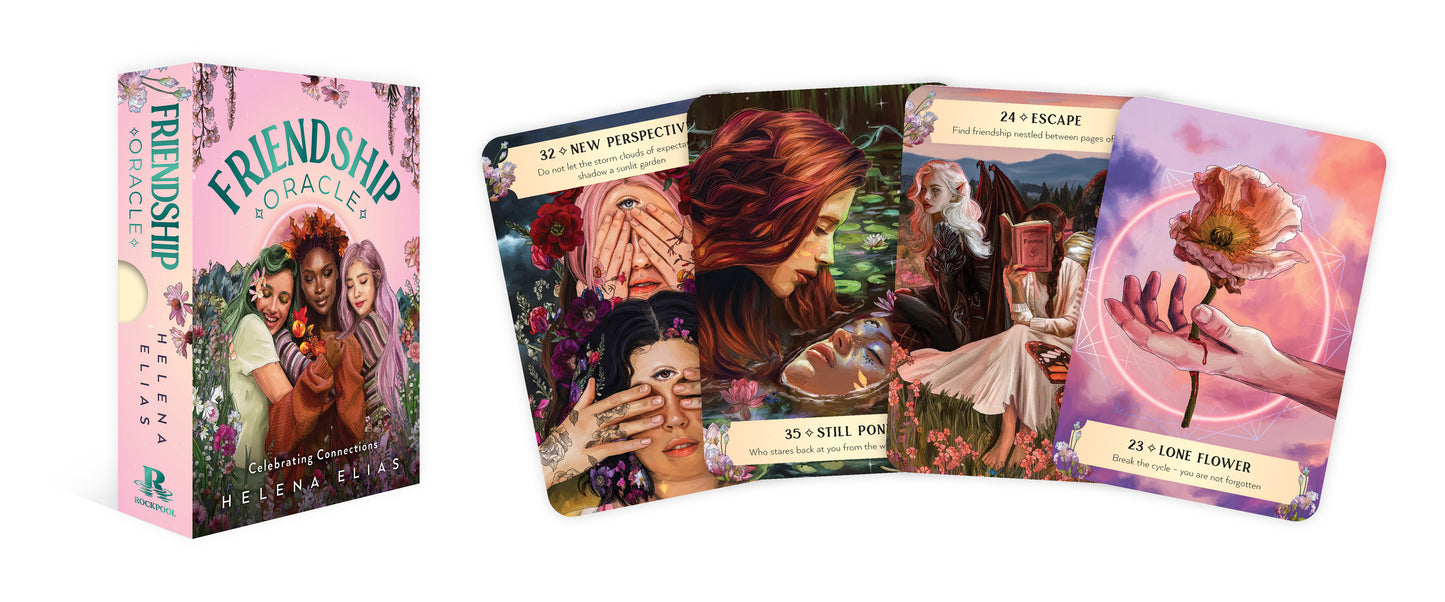 Set of tarot cards with colorful designs and a box labeled 'Friendship Loralie'.
