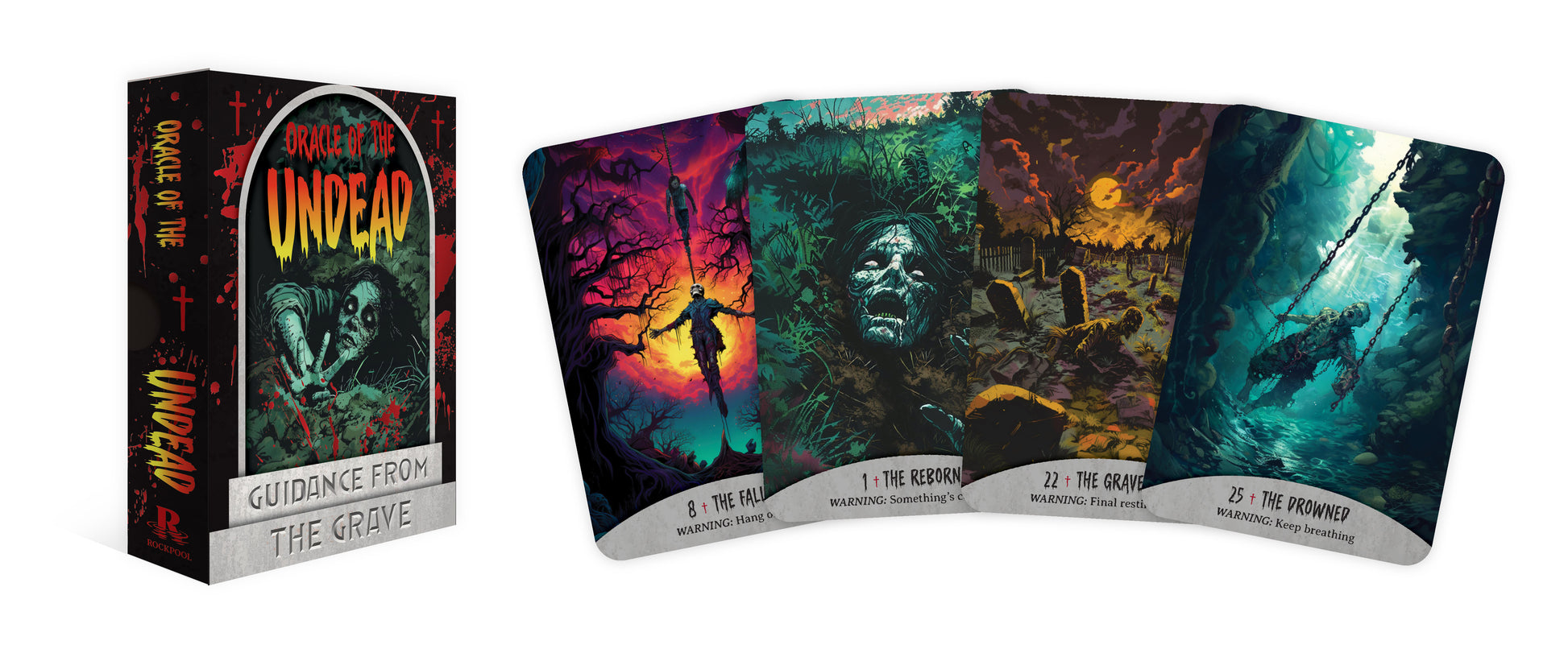 Set of tarot cards with colorful designs and a box labeled 'Guidance from the Grove' on a white background.