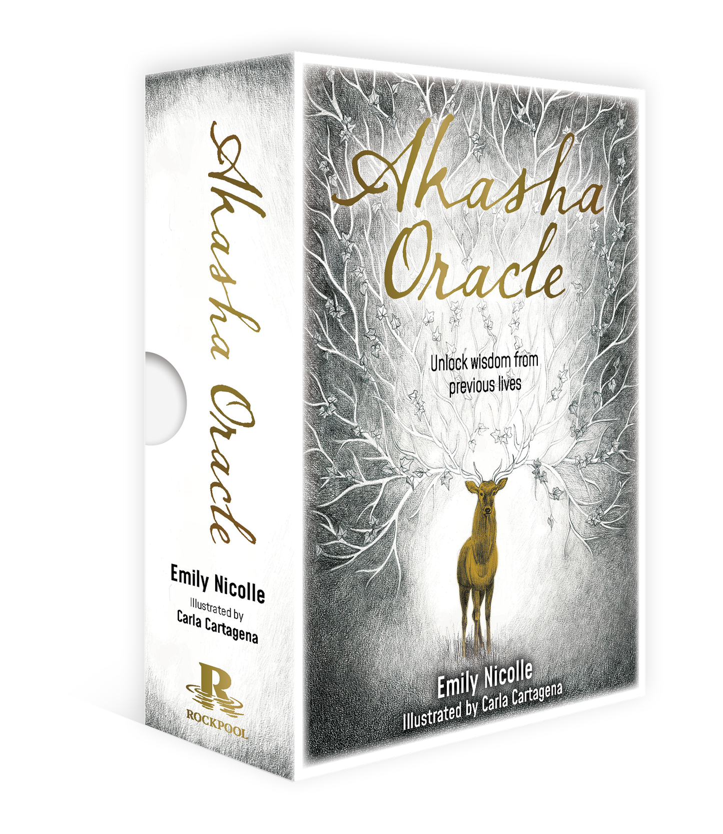 Boxed set of 'Ahasha Oracle' by Emily Nicolle  with a deer illustration on a white background