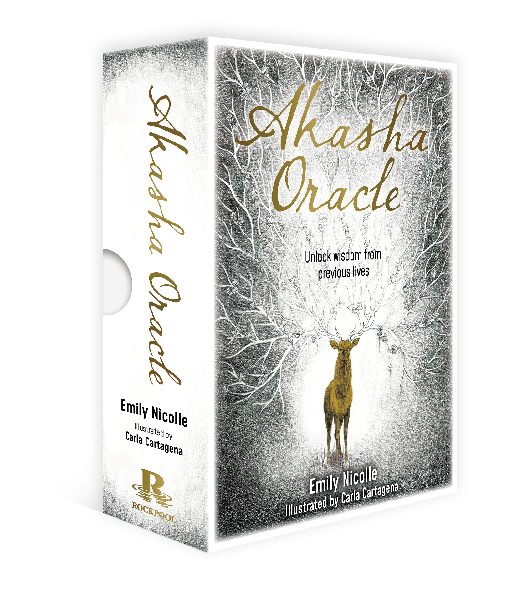 Boxed set of 'Ahasha Oracle' by Emily Nicolle  with a deer illustration on a white background