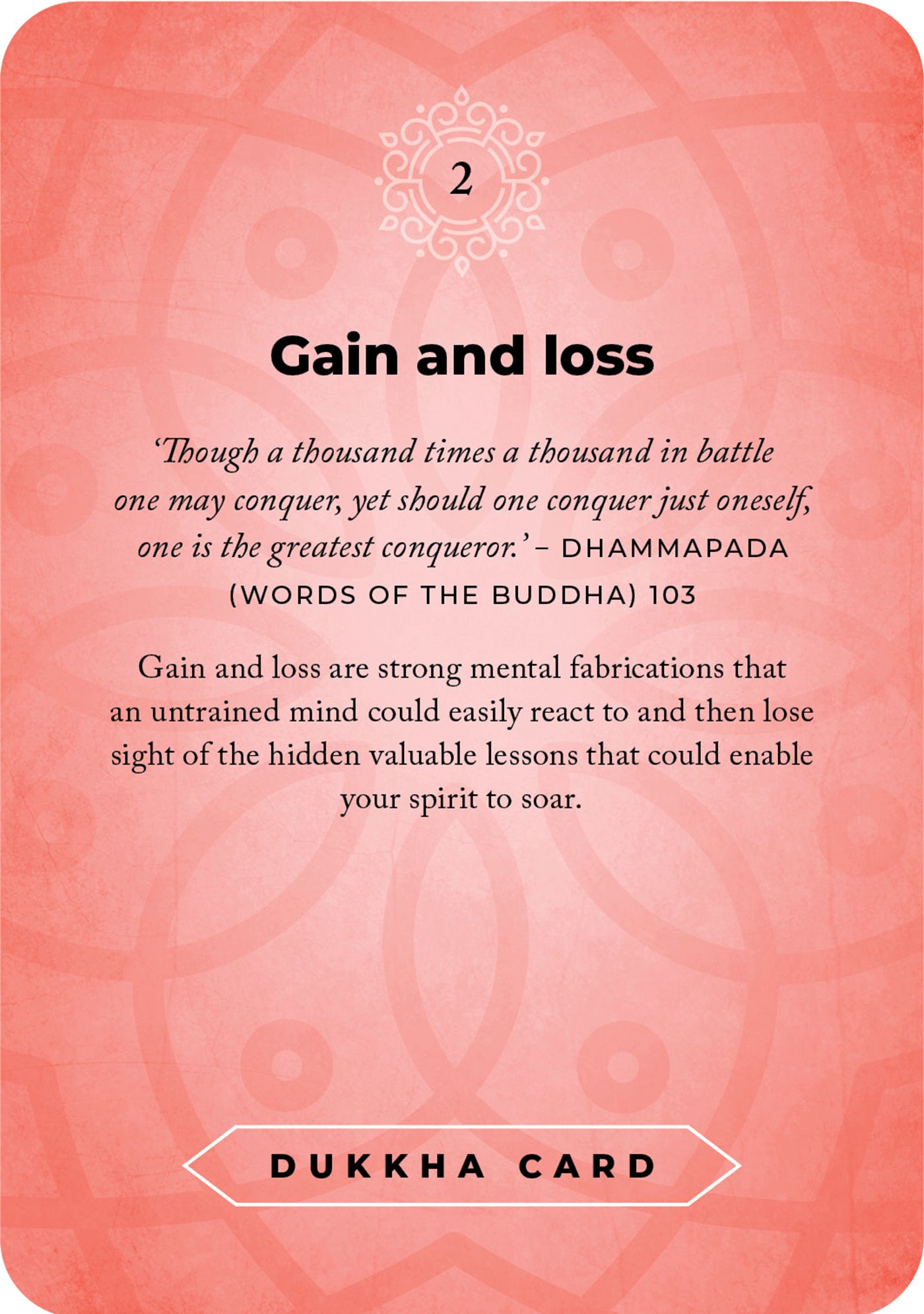 Card titled 'Gain and loss' with a quote from Dhammapada on a pink background