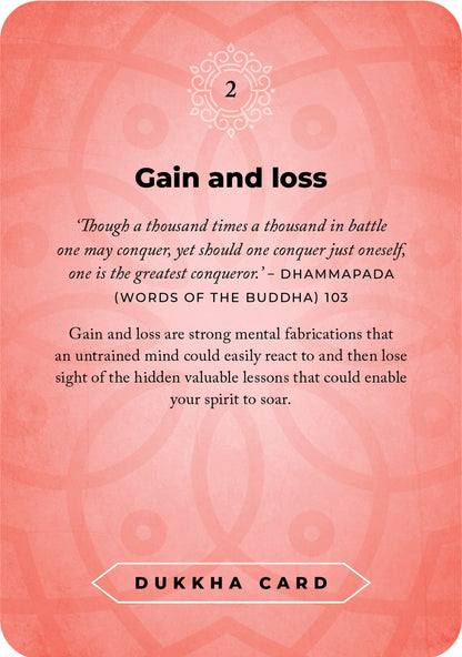 Card titled 'Gain and loss' with a quote from Dhammapada on a pink background