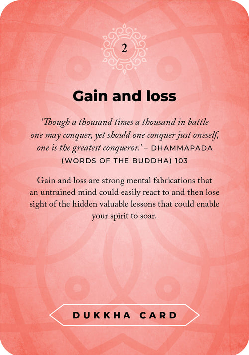 Card titled 'Gain and loss' with a quote from Dhammapada on a pink background