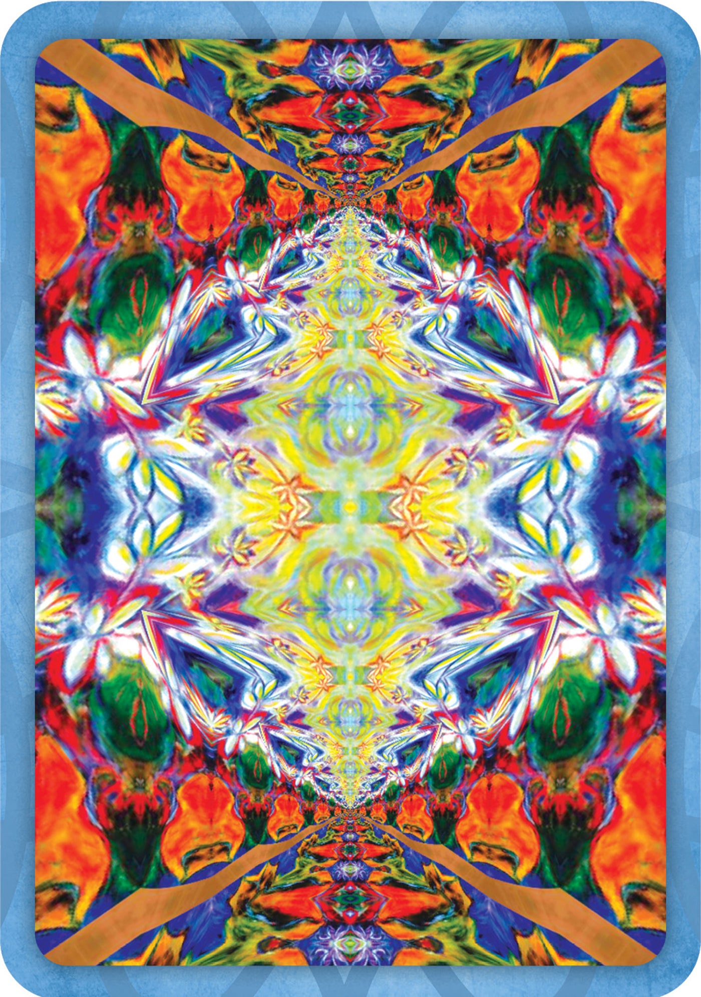 Colorful abstract design with symmetrical patterns on a blue background