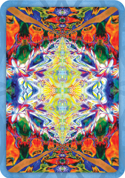Colorful abstract design with symmetrical patterns on a blue background